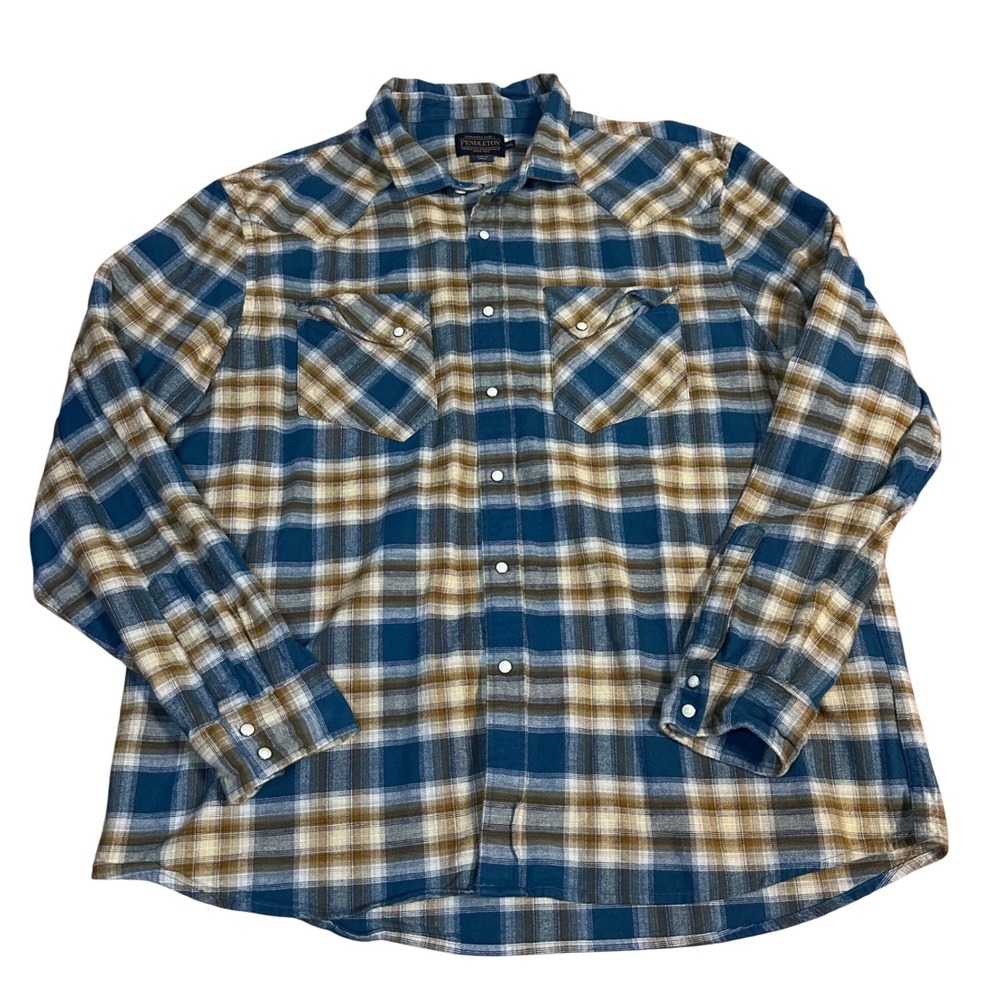 Pendleton Mens XXL Blue Brown Plaid Cotton Western Pearl Snap Flannel Shirt